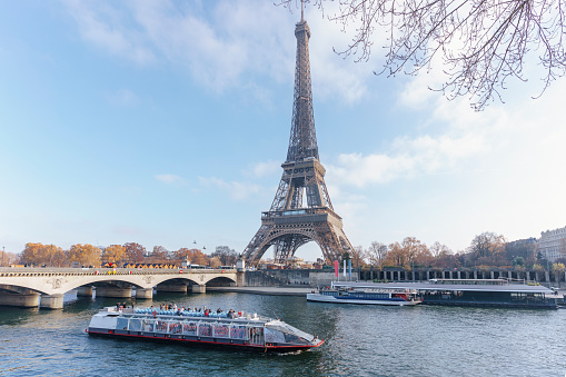 Winter tour on Seine river in Paris France
