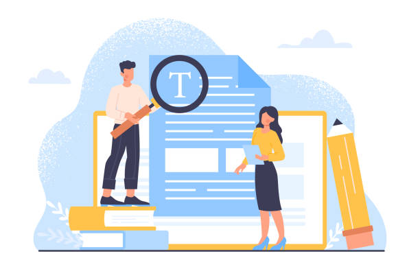 Text editor vector concept Text editor concept. Woman and man with magnifying glass evaluate article, interesting content. Freelancer and remote worker. Copywriters checking grammar. Cartoon flat vector illustration proof reading documents stock illustrations