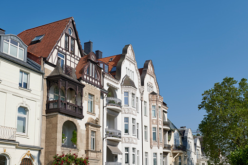 Row of beautiful townhouses in summer, Düsseldorf, Germany.