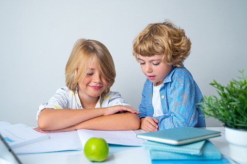Primary elementary middle school boy girl siblings studying at desk table, writing in book and tablet at class home looking acquiring information knowledge Copy space for advertising blank concept. Back to school.