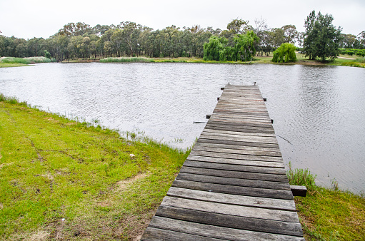 Timber boardwalk near water pond with rural landscape, elevated footpath, walkway, or causeway built with wooden planks.