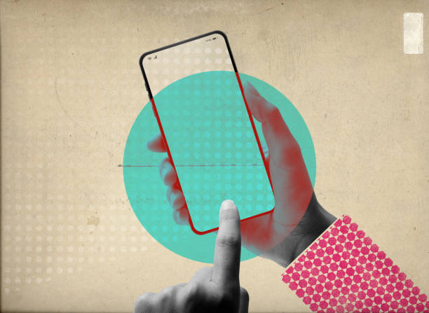 istock Woman using a mobile app vintage collage 1566810850