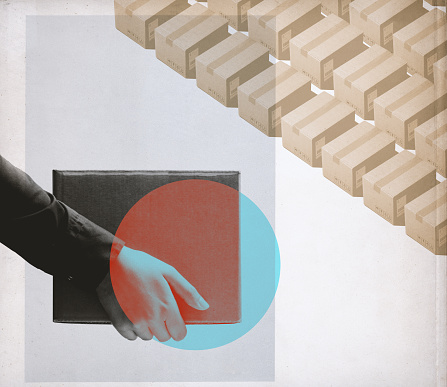 Courier holding a delivery box and parcels in the warehouse, vintage style collage