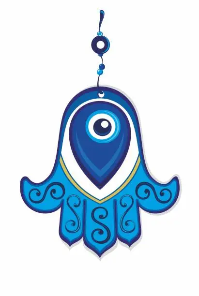 Vector illustration of Turkish eye. Hamsa, blue greek pattern on hand, greece print or glass amulet. Luck and protection sign, mystical talisman.