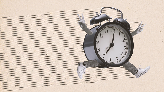 Cheerful alarm clock with human arms and legs running fast, deadlines concept, vintage style collage