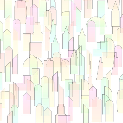 Colorful cityscape, multitude of buildings. With outline.