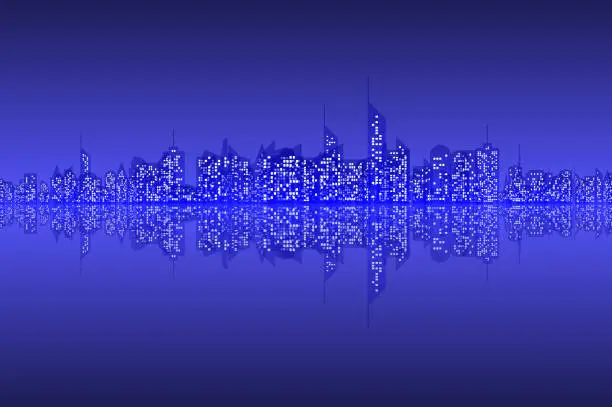 Vector illustration of Night view of blue cityscape of skyscrapers, with reflection