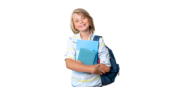 Cute girl in school uniform opens a backpack for classes Isolated on a white background.