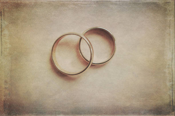Wedding paper background collage with old paper and gold rings. Lots of copy space.