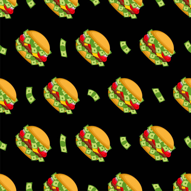 illustrazioni stock, clip art, cartoni animati e icone di tendenza di modello di hamburger di denaro senza soluzione di continuità. hamburger con sfondo dollari. consistenza milionaria del fast food - white food and drink industry hamburger cheeseburger