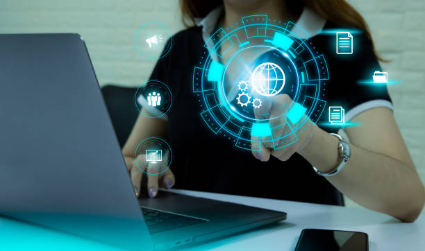istock Woman's hand touching on Global Internet connection. Business global internet connection application technology and digital marketing, Digital link tech, big data. 1566857000