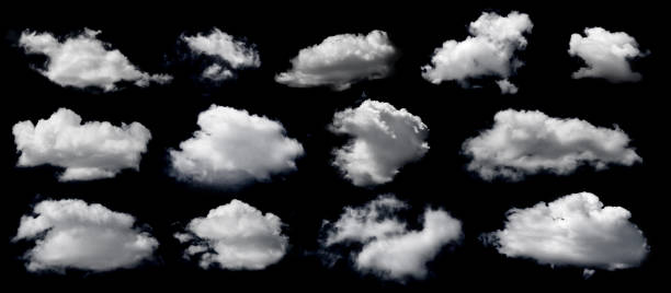 istock Clouds set isolated on black background. White cloudiness, mist or smog background. Design elements on the topic of the weather. White cloud collection. 1566858694