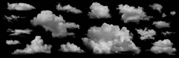 wolken isoliert auf schwarzem hintergrund. weißer bewölkungs-, nebel- oder smoghintergrund. sammlung verschiedener wolken. - smoke condensation gas smooth stock-fotos und bilder