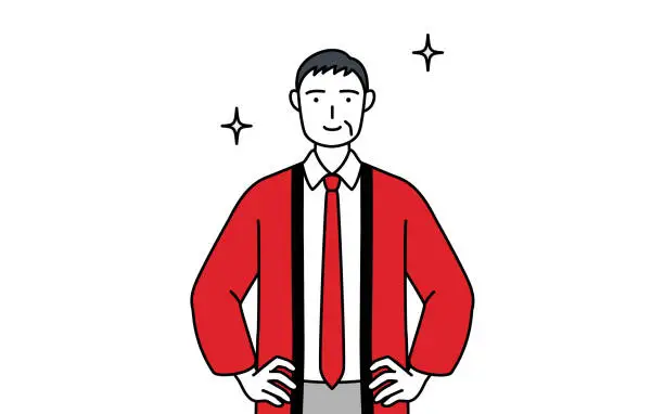Vector illustration of Senior man wearing a red happi coat with his hands on his hips.