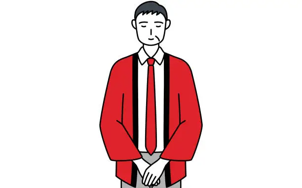 Vector illustration of Senior man wearing a red happi coat bowing with folded hands.