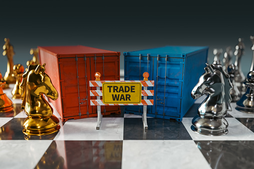Conceptual Background of Trade Disputes Between Countries Expressed in the Chess Concept, 3d rendering