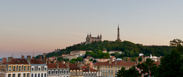 Panoramic picture of Lyon with in the background the famous Fourvière Hill and its Basilica called \
