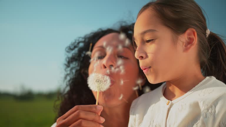 SLO MO LD Woman and her daughter blowing away the dandelion seeds in sunshine