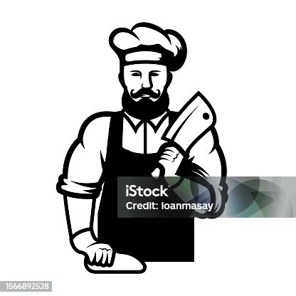 istock Illustration of a butcher with hatchet and meat. Design element for emblem, sign, badge. Vector illustration 1566892528