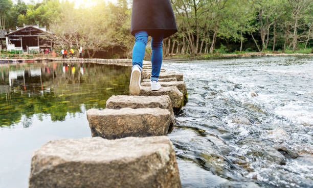istock Woman crossing a river on stepping stones 1566904967