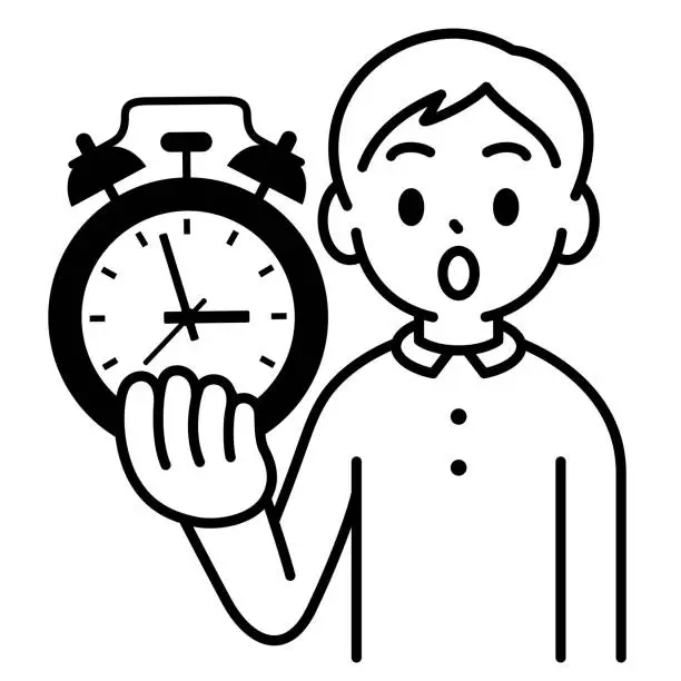 Vector illustration of A boy showing an alarm clock, looking at the viewer, minimalist style, black and white outline