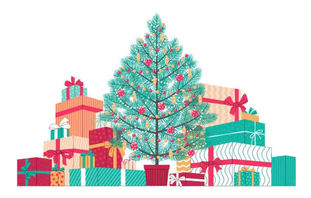 Vector illustration of Christmas tree with pile of wrapped gifts, festive vector illustration