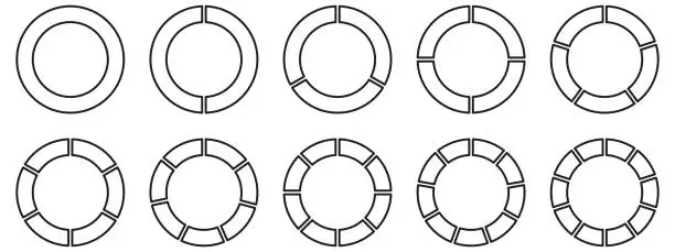 Vector illustration of Circles divided diagram 3, 10, 7, graph icon pie shape section chart. Segment circle round vector 6, 9 devide infographic