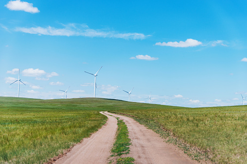 Wind turbines and dirt road in green meadow