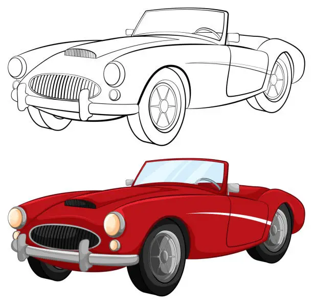 Vector illustration of Red Vintage Convertible Car Coloring Page