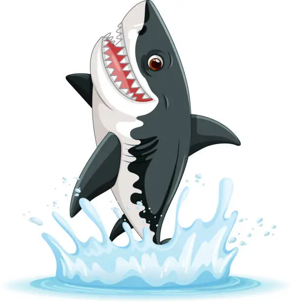 Vector illustration of A cartoon illustration of a great white shark with big teeth, leaping out of the water with a smile