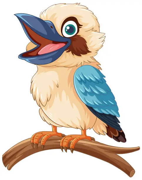 Vector illustration of A smiling kookaburra bird standing on a tree branch, isolated on a white background