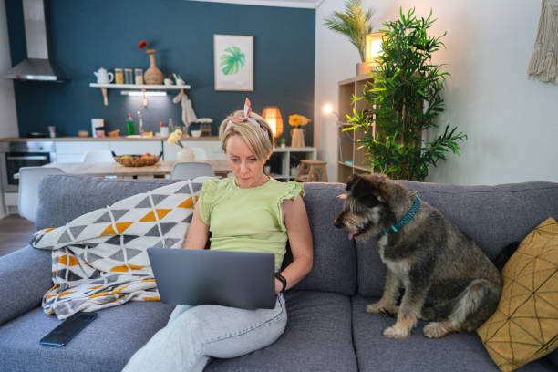 istock Caucasian woman using a laptop, while her mixed-breed dog makes her company on the sofa 1566954067
