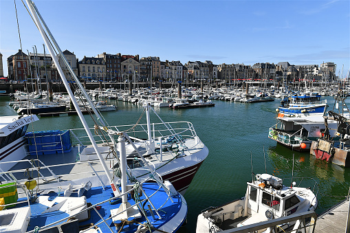 Dieppe, France-07 12 2023: View of the marina and fishing harbor of Dieppe, France.