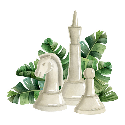 White king, knight and pawn chess pieces with tropical palm leaves watercolor illustration isolated on white background. Realistic figures for intellectual board games artistic designs.