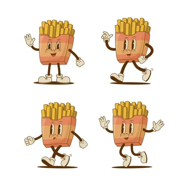 Vector illustration of Set of retro cartoon funny French fries characters, mascot.