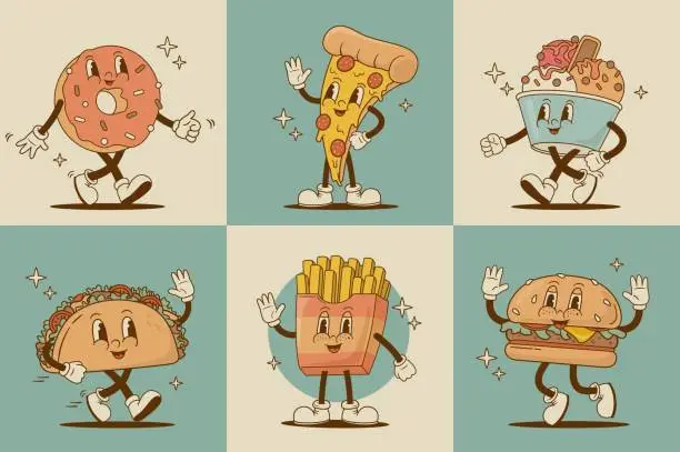 Vector illustration of Set of retro cartoon funny fast food characters. Pizza, burger, French fries, taco, donut, ice cream mascot.