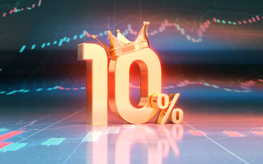 3d render King Crown 10 Percent Sign sitting on Finance chart (Depth Of Field)