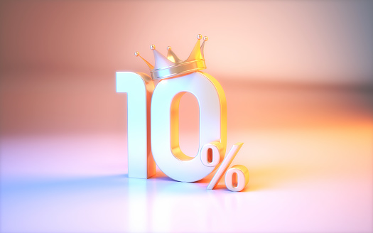 3d render King Crown 10 Percent Sign sitting on Metallic Blue and Pink Background (Close-up)