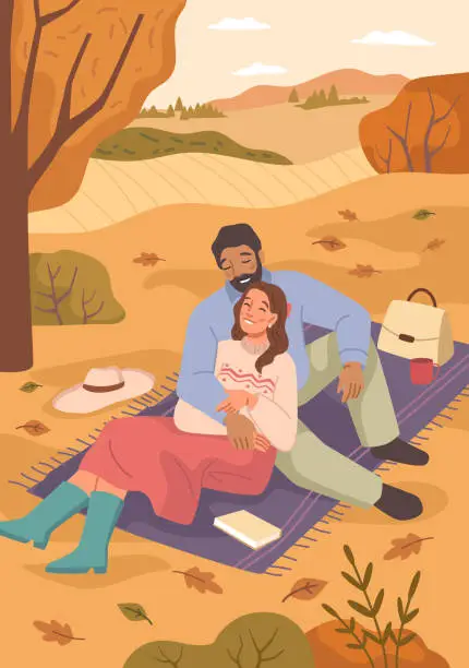 Vector illustration of Loving couple on date having picnic on blanket. Young man and woman sit on plaid with cup of coffee and book in park at autumn season. Young family have fun, fallen leaves