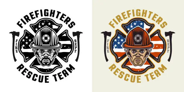 Vector illustration of Firefighters vector emblem, logo, badge or label design illustration in two styles black on white and colored
