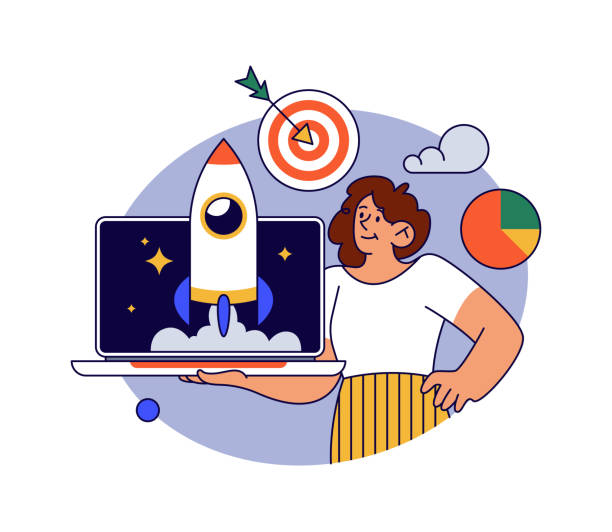 istock Business startup launching, isolated female personage with starting project. Vector flat girl cartoon character implementing idea based on target audience and market analysis 1566981563