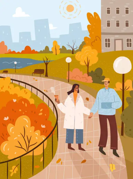 Vector illustration of Autumn park, people walking on bridge with lantern lamps, cute cartoon man and woman walk in fall season, cityscape on background. Autumn mood vector illustration