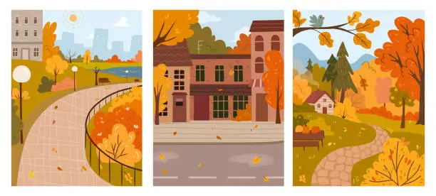 Vector illustration of Autumn alley, empty city streets and park ways, yellow leaves in forest. Vector illustration of fall mood, cartoon style. Autumnal city parks road street with red trees outdoor walkway landscape