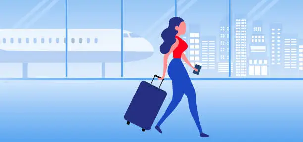 Vector illustration of Travel aboard concept, Woman with travelling bag walking at the airport vector illustration.