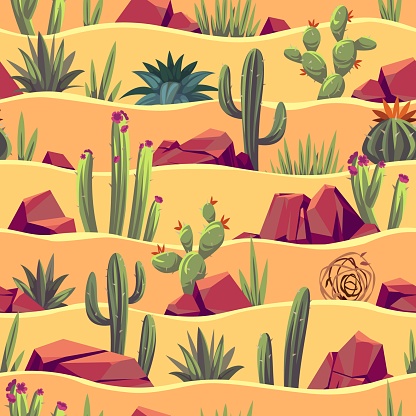 Desert cacti seamless pattern. Cartoon plants and rocks with sandy landscape, succulents and tumbleweed, arid nature. Decor textile, wrapping paper, wallpaper design. Print tidy vector background