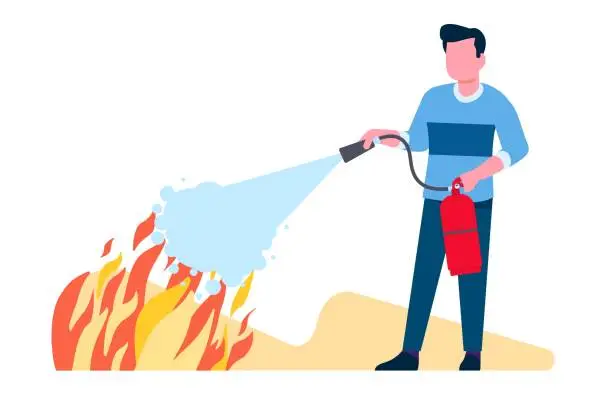 Vector illustration of Man uses fire extinguisher to put out burning flame. Ignition protection. Guy spraying foam from nozzle with hose. Equipment for firefighting. Combustion extinguishing. Vector concept