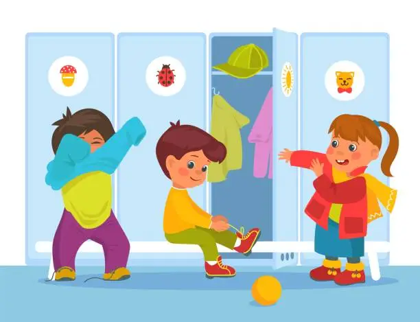 Vector illustration of Kids locker room. Clothes cabinets in kindergarten. Children change clothes. Walk preparing. Preschoolers dress up. Boys or girls outfits. Baby putting on sweaters. Splendid vector concept