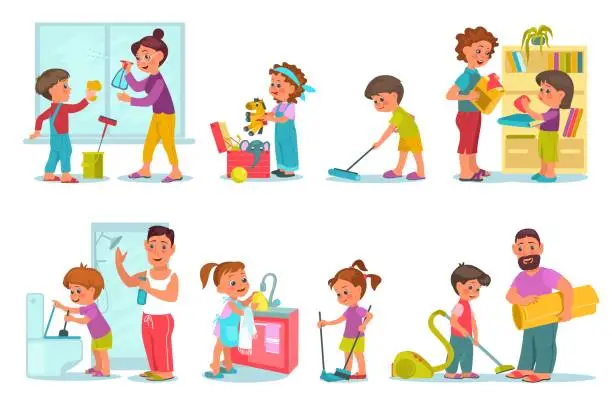 Vector illustration of Family housework. Cute children help their parents clean up home. Mom and son cleaning windows. Dad and son vacuuming. Baby folding toys. Housekeeper activities. Splendid vector set