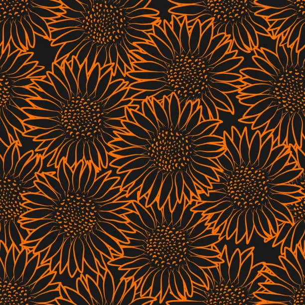 Vector illustration of Retro style sunflower seamless pattern. Abstract floral botanical fabric print template. Wallpaper vector design illustration. Summer graphic outline textured drawing.