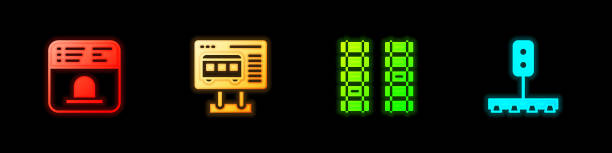 istock Set Ticket office to buy tickets, , Railway, railroad track and Train traffic light icon. Vector 1567017031